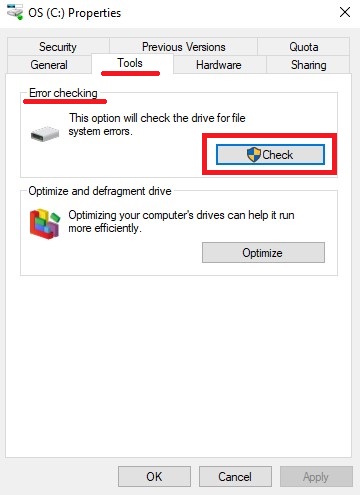 error checking در ویندوز 10