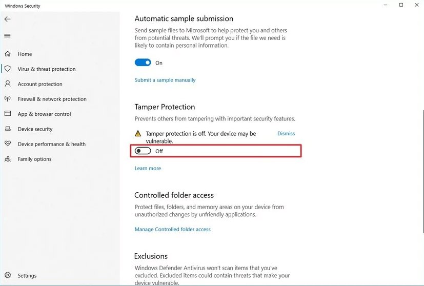 غیرفعال کردن Tamper Protection در ویندوز 10