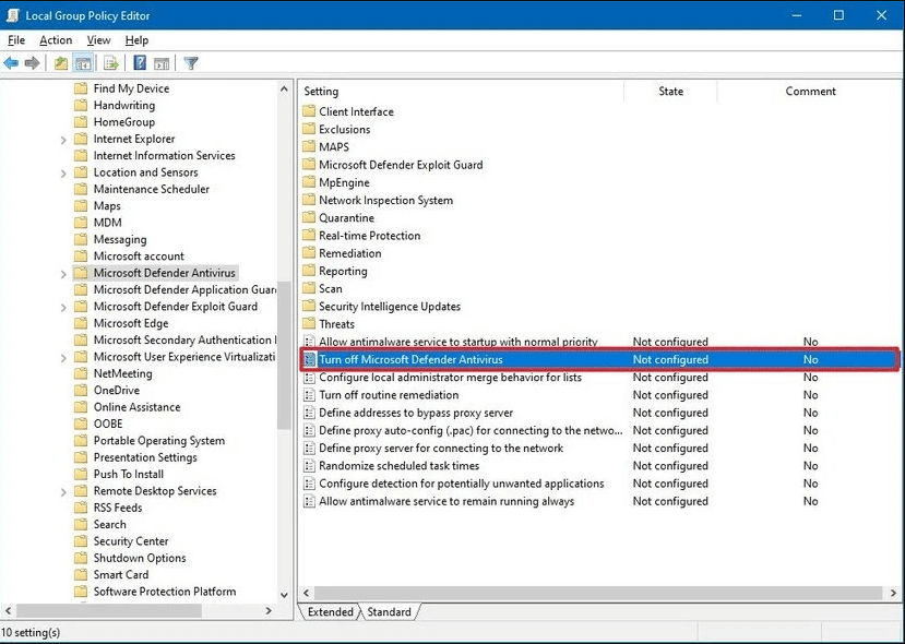 غیرفعال کردن آنتی ویروس ویندوز 10 از طریق گروپ پالیسی