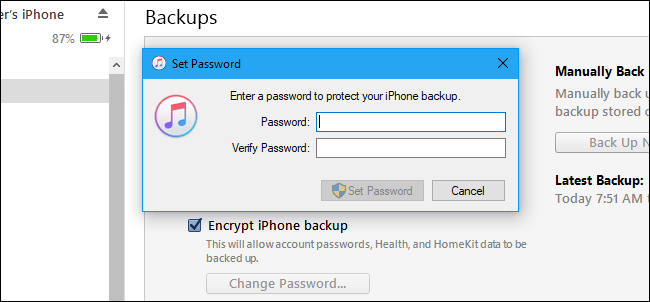 تعیین پسورد برای رمزگذاری بکاپ آیفون با آیتونز