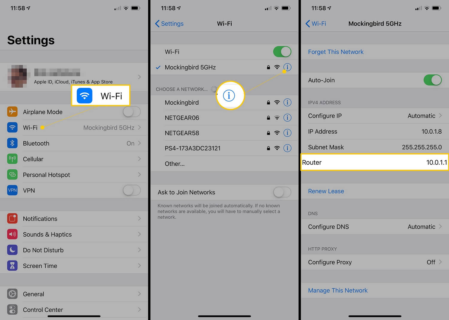 find your default gateway ip address on iphone