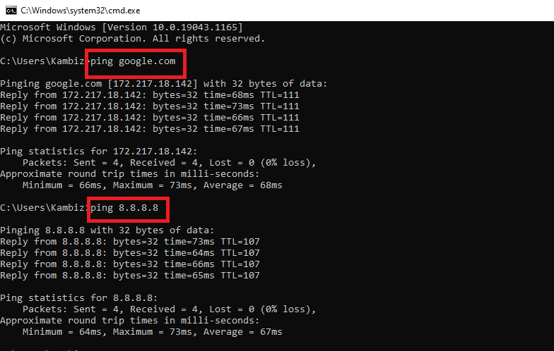 تست دستور Ping با DNS سرور گوگل