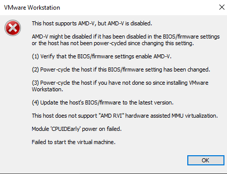 ارور this host support AMD-V بخاطر فعال نبودن تکنولوژی مجازی سازی CPU