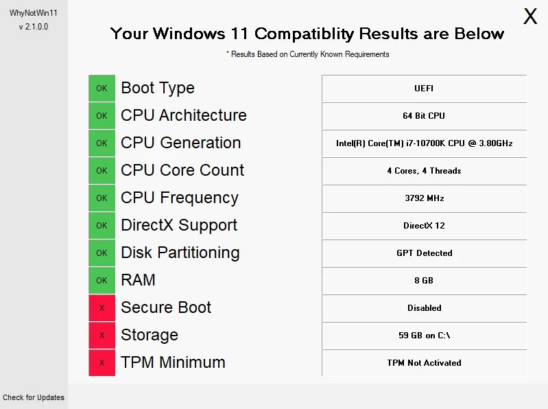 برنامه whyNotWin11 برای آزمایش ملزومات ویندوز 11 از جمله TPM