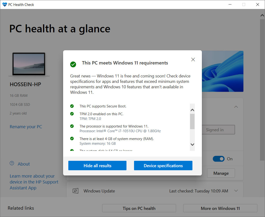 اجرای اپلیکیشن PC Health Checkو داشتن پیش‌نیازهای نصب ویندوز 11