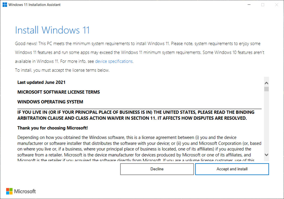 دانلود و نصب ویندوز ۱۱ از طریق windows assistant - گام اول قبول کردن پیش‌نیازها