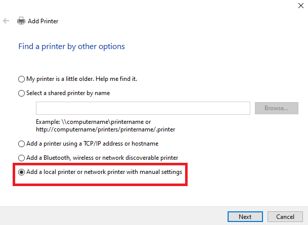 انتخاب گزینه add a local printer or network printer with manual settings هنگام نصب پرینتر