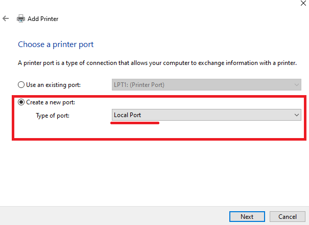 انتخاب Local Port هنگام نصب پرینتر از طریق کنترل پنل