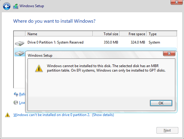 ارور "Windows cannot be installed to this disk. The selected disk is not of the GPT partition style