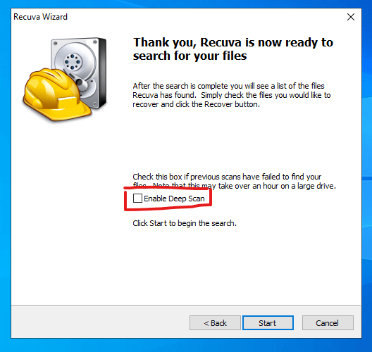 انتخاب گزینه deep scan در نرم‌افزار Recuva