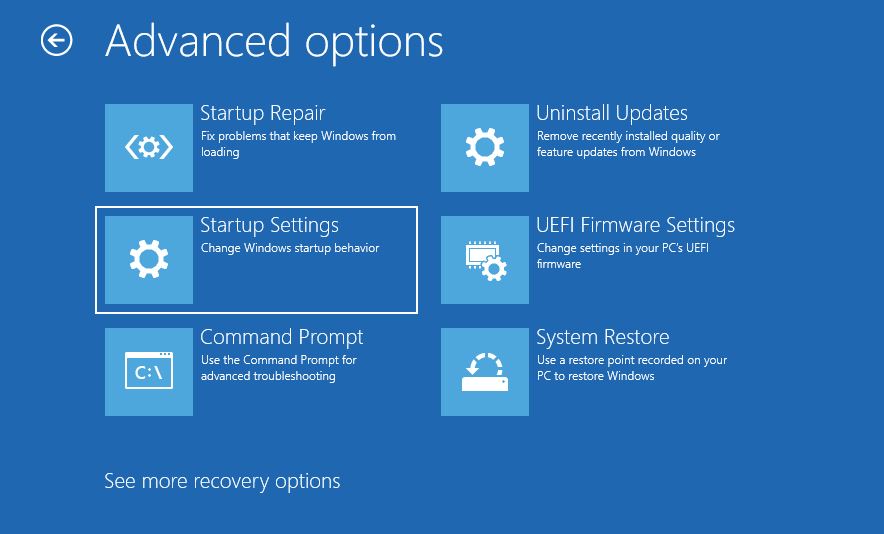 انتخاب گزینه Startup Settings