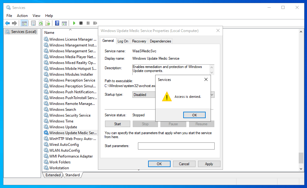 ارور access is denied در زمان غیرفعال کردن سرویس waasMedic ویندوز 10