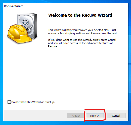 صفحه Wizard نرم‌افزار Recuva