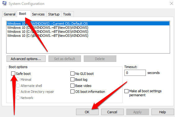 برداشتن تیک گزینه Safe boot در system configuration