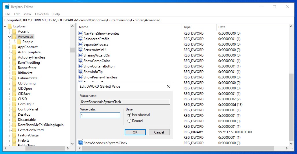 تغییر مقدار یک مقدار 32 بیتی در رجیستری ویندوز برای نمایش ثانیه در سیستم ویندوز