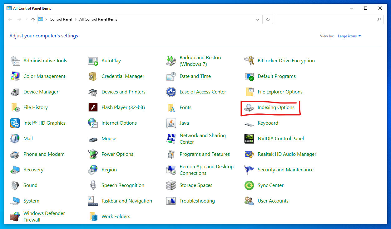 indexing options ویندوز 10