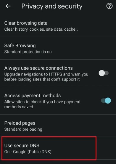 تنظیمات Secure DNS در مرورگر موبایل