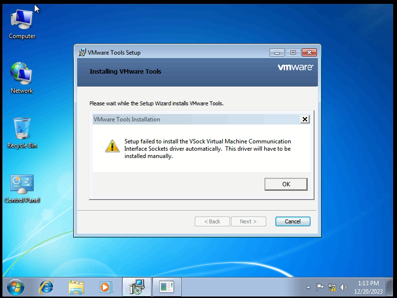 Setup failed to install the VSock
