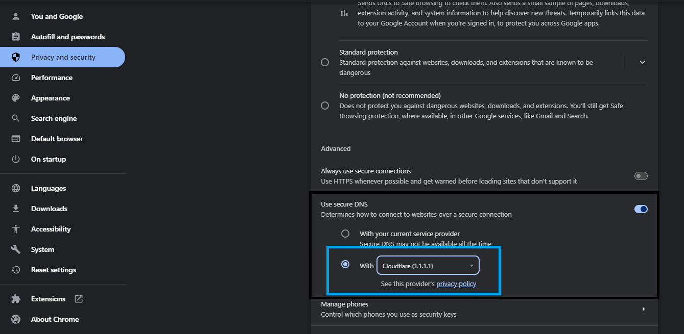 گزینه secure dns در گوگل کروم برای خاموش کردن جستجوی ایمن گوگل