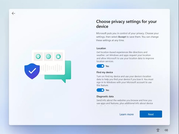 تنظیمات حریم خصوصی در زمان نصب ویندوز 11